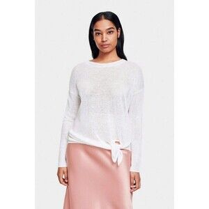 White + Warren 100% Linen Knotted Top Crewneck White Sz XS